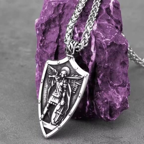 Archangel Saint Michael Silver Medallion, Orthodox Shield  Stainless Steel Archangel Saint Michael Necklace Vintage Fashion Cross & Shield